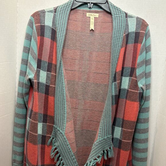 Matilda Jane Cardigan Sweater Steadfast Orange Teal Plaid Women’s Size Medium - Picture 2 of 6